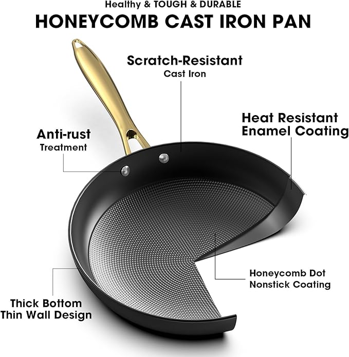 imarku Non Stick Frying Pans, Professional Cast Iron Skillets 2 Pcs - 8 Inch & 10 Inch Frying Pans Nonstick, Honeycomb Long Lasting Frying Pan Set Gold Handle Oven Safe Pan, New Home Essentials