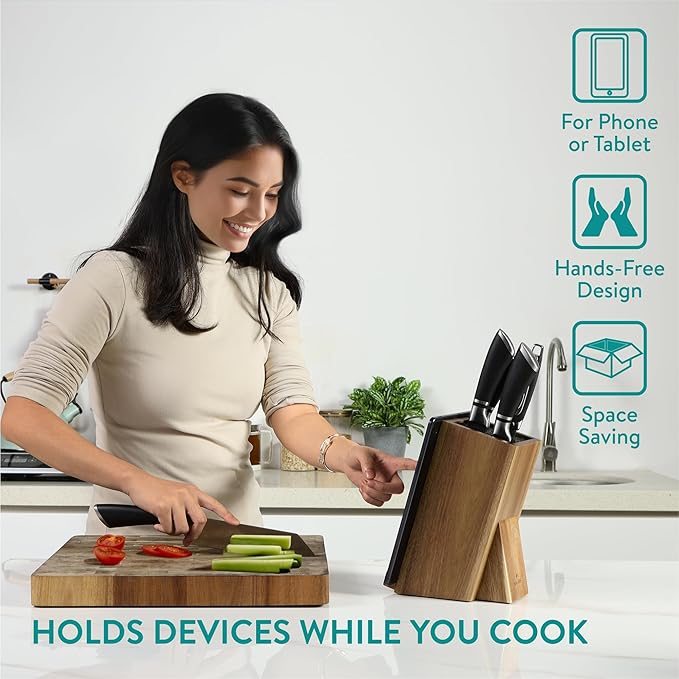 Navaris Wooden Kitchen Knife Block with Holder - Holds a Chopping Board, Phone or Tablet - Acacia Angled Design, 12.5 x 18.7 x 26.2 cm (4.9" x 7.4" x 10.3")