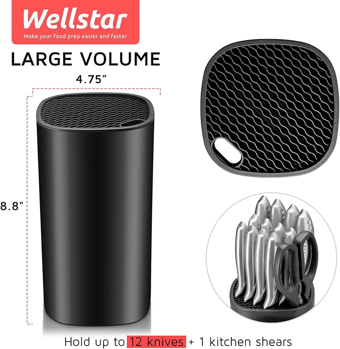 Universal Knife Block Holder for Kitchen, WELLSTAR Knife Stand without Knives, Safe Space Saver Large Volume Stable Knife Storage with Scissors Slot, Detachable for Easy Cleaning – Black