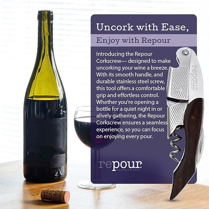 Repour 3 in 1 Corkscrew- Professional Wine Bottle Opener with Serrated Foil Cutter and Bottle Opener- Manual Wine Key for Bartenders, Servers, Waiters, and Wine Enthusiasts (Mahogany)
