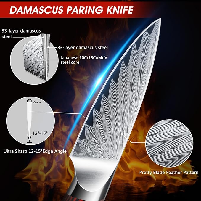 HOSHANHO Paring Knife 3.75 Inch Small Kitchen Knife, Super Sharp Damascus Steel Fruit Knife, Multifunctional Peeling Knife for Cutting Fruit Vegetables