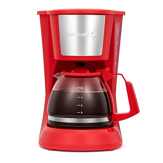 Holstein Housewares 5 Cup Drip Coffee Maker – Compact and User-Friendly with Auto Pause & Serve, Reusable Filter, Measuring Spoon & Glass Carafe, Office & Dorm Use, Red