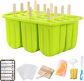 Popsicles Molds Set, 12 Cavity Homemade Maker Ice Pop Mold, Silicone Freezer Molds with 50 Popsicle Sticks 50 Popsicle Bags 50 Ties Funnel Recipes and Cleaning Brush