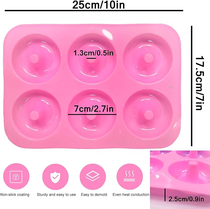 LeLehome 2PCS Donut Molds Pan, Silicone Non-Stick Donut Maker for Doughnut Baking Semi Sphere Cake Bread 6 Holes Bakeware Kitchen Tools, Pink & Blue