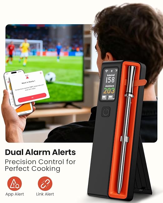 Wireless Bluetooth Smart Meat Thermometer: ±0.5°F Accuracy, 1 Probe with 6 Sensors - WiFi Digital Thermometer with LED Base, NIST Certified Accuracy, Long-Range for BBQ, Grill, Smoker, Oven