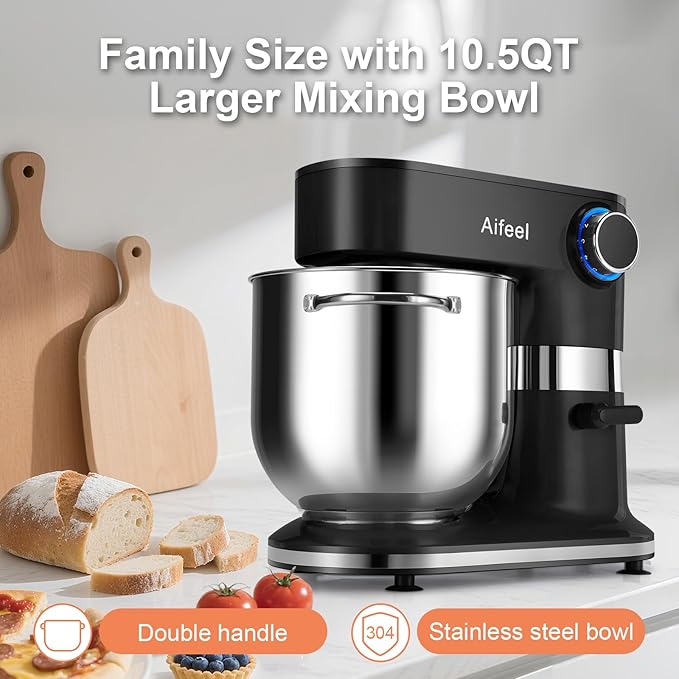 Aifeel 10.5 QT Stand Mixer,900W Electric Food Dough Mixer,Large Capacity Tilt-Head Kitchen Electric Mixer with Dough Hook,Beater,Whisk & Splash Guard,Dishwasher-Safe Attachments for Baking(Black)