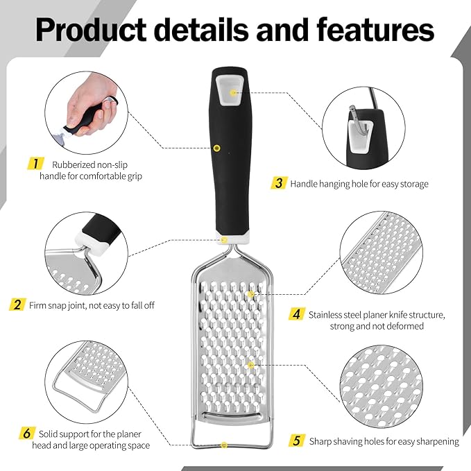 Handheld Cheese Grater - Mirror Stainless Steel Blades, Lightweight & Ultra-Smooth & Rustproof - Non-Slip Comfortable Handle for Parmesan, Mozzarella, Hard & Soft Cheeses - Dishwasher Safe