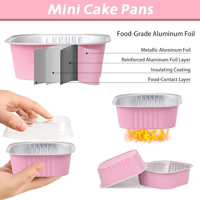 200 Pack 10 oz Pink Square Mini Cake Pans with Lids, Mini Loaf Pans with Lids, Aluminum Foil Square Brownie Baking Cups for Ramekins Muffin Cupcake Wedding Birthday Party