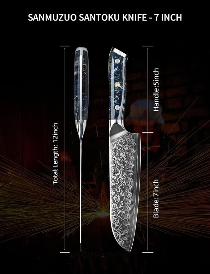 Santoku Knife - 7 inch - Xuan Series - VG10 Damascus Steel Kitchen Knife - Resin Handle (Starry Black)