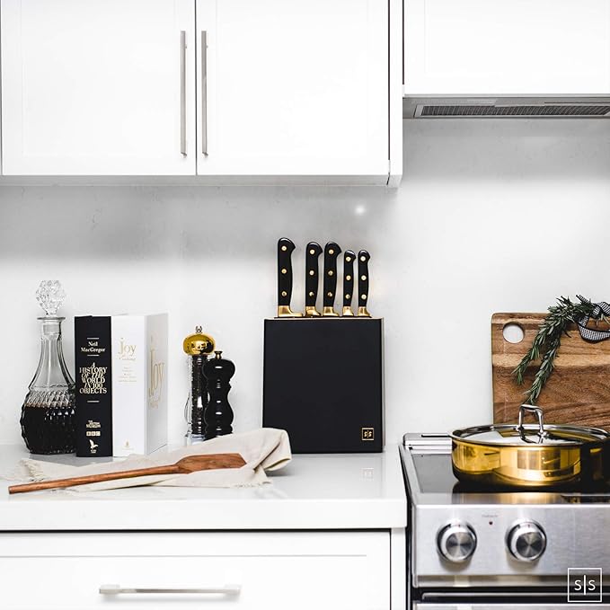 Black and Gold Knife Set with Block - 6-Piece Luxe Kitchen Knives with Block and Sharpener - Modern Black and Gold Kitchen Accessories for Stylish Cooking