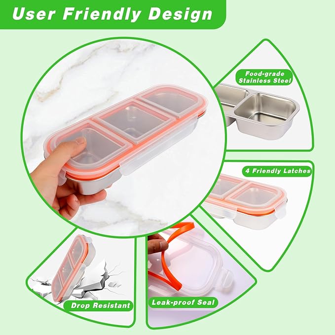 Stainless Steel Snackle Container For Adults, Reusable Bento Lunch Box Snack Containers,3 Compartment Divided Food For Home Work Travel