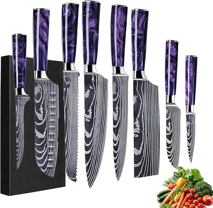 8-Piece Premium Japanese Kitchen Knife Set - Imperial Collection, Laser Damascus Pattern, 440A Stainless Steel Ultra Sharp for Fast Cutting (Purple 8J)