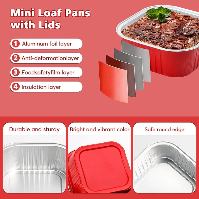 Ruckae 5oz 100 Pcs Square Mini Loaf Pans with Lids-Disposable Foil Dessert Containers,Mini Cake Pans with Lids,Aluminum Dessert Cups for Parties and Weddings (Red, 5oz)