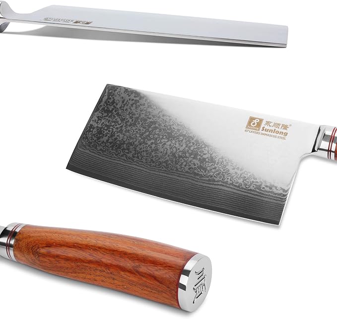 SUNLONG Meat Cleaver 7 inch Chinese Vegetable Cleaver -Japanese Hammered Damascus Steel-Bloodwood Handle