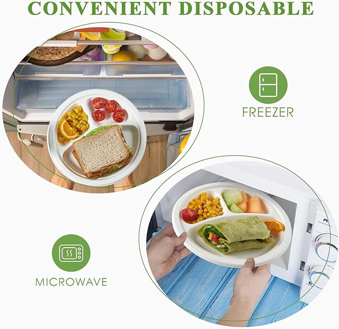 Vplus 100% Compostable Paper Plates, 600 Pack 9 Inch 3 Compartment Plates Disposable, Heavy Duty Biodegradable, Made of Sugar Cane Fibers, for Daily meals, Dinner, Parties, BBQ