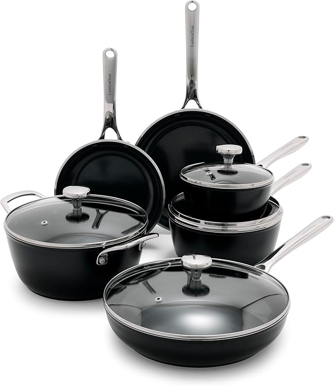 Orfeo 10 Piece Nonstick Cookware Set, Made in Italy, Diamond Ceramic PFAS-Free Pots & Pans, Induction Ready, Scratch Resistant, Laser-Fused Surface for Durability, Dishwasher Safe, Black