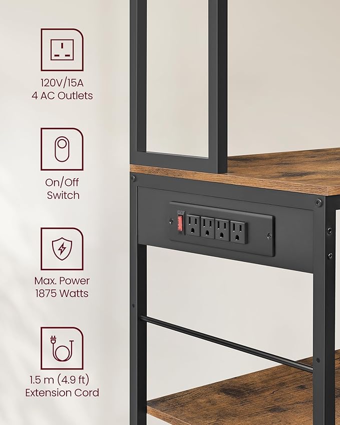 VASAGLE Bakers Rack with Charging Station, Coffee Bar with Adjustable Storage Shelves, Fabric Drawer, 12 Hooks, 15.7 x 39.4 x 71 Inches, Kitchen Microwave Stand, Rustic Brown and Ink Black UKKS027K01
