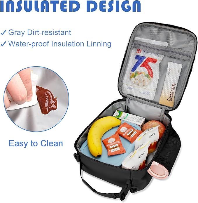 Initial Insulated Lunch Bag for Boys Kids, Back to School Gift, Reusable Leak-proof Lunch Box with Adjustable Strap for School Daycare Travel Picnic（Black，V）