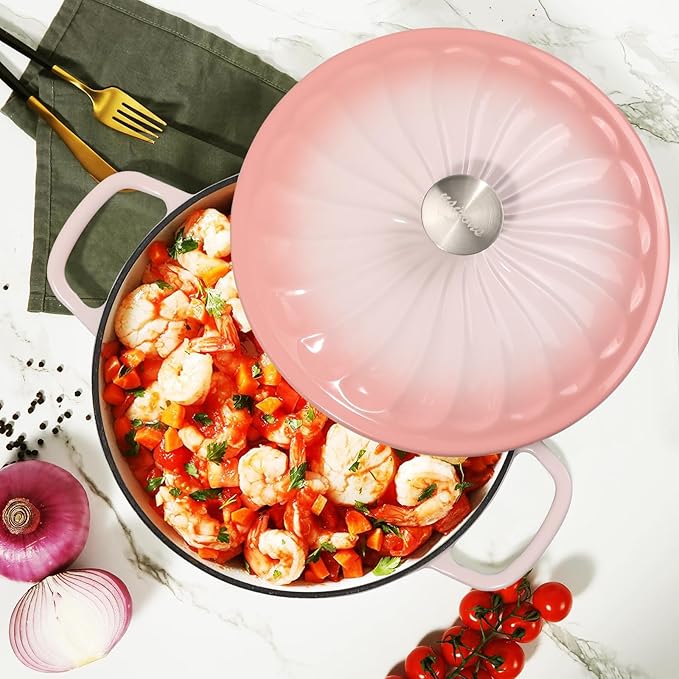 Enameled Cast Iron Braiser, 3.8 Quart Enamel Dutch Oven with Handles, Cast Iron Braiser Pan with Lid,Enameled Cookware (Pink)