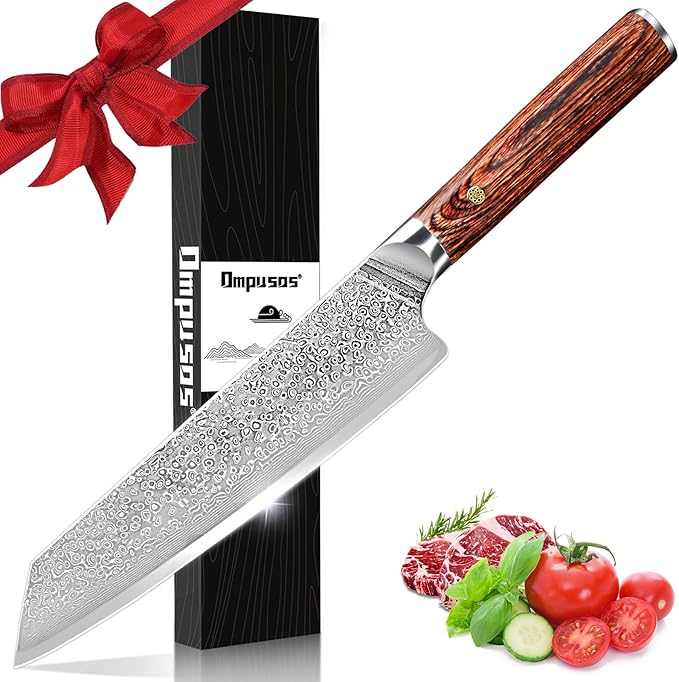 Ompusos Chef Knife 8 Inch, Super Sharp Pro Japanese Kitchen Knives, Damascus Chefs Knife VG-10 High Carbon Stainless Steel, Ergonomic Wooden Handle Cooking Knife, Gift Box for Family & Restaurant