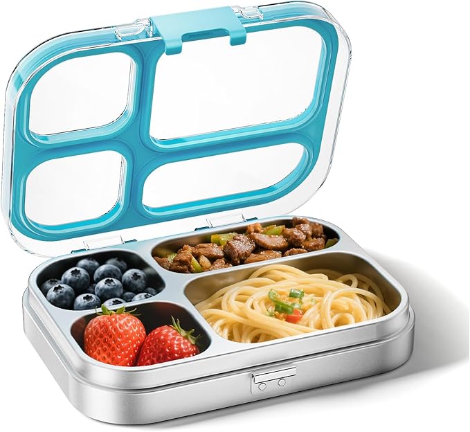 G.a HOMEFAVOR Kids Stainless Steel Lunch Box - 4-Compartment Bento Box with Locking Lid, One-Touch Latch, Leakproof Food Container for School, Travel, 800 ml, Blue