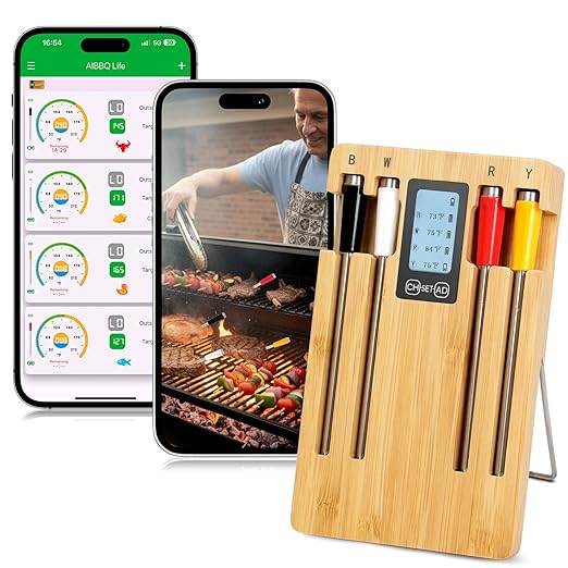 Wireless Smart Meat Thermometer with 4 Probes, Ultra-Long Range Bluetooth 5.4, App Control with iOS & Android, IP67 Waterproof, 10 Preset Menus & Color-Coded Probes for Oven, Grill, BBQ, A8