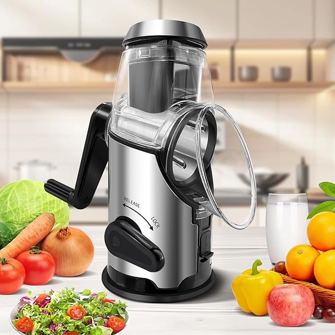 Rotary Cheese Grater with Handle,3 Changeable Blades for Kitchen Vegetable Cheese Shredder Slicer Grater,Nut Grinder,Easy to Use and Clean,Stainless Steel-Black Silver