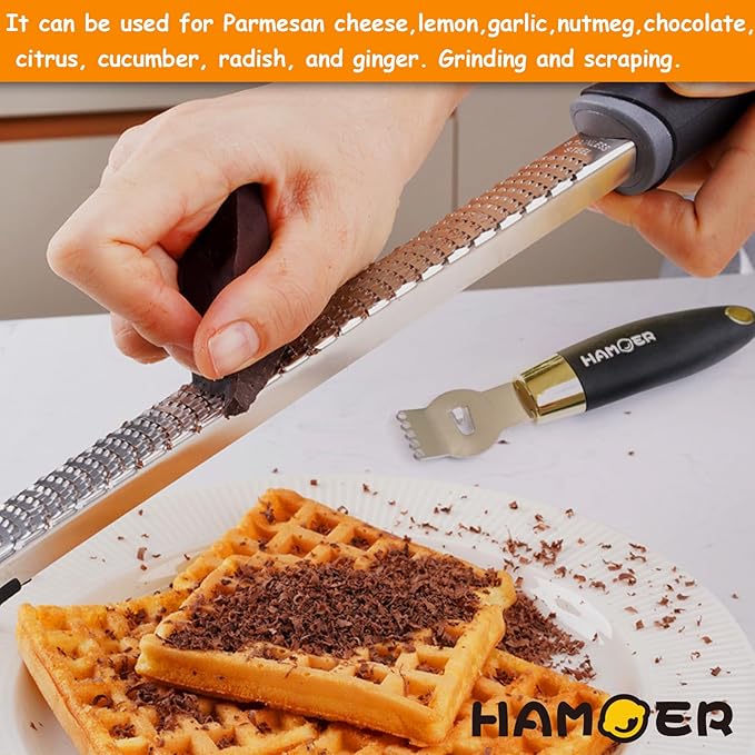 Zester Grater & Channel Knife Kitchen Bar Tool Set for Parmesan Cheese Lemon Garlic Nutmeg Chocolate Citrus Cucumber Radish Ginger Crushed Scraping Rubber Ergonomic Curved Handle Black