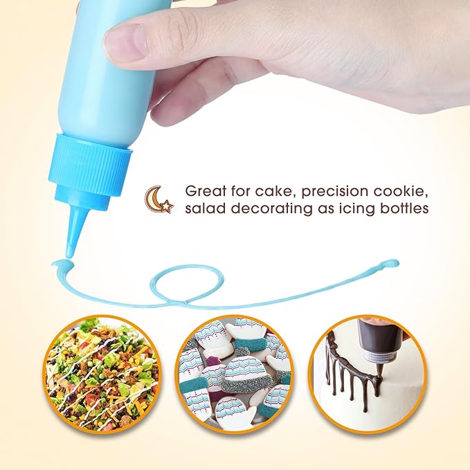 GOLOHO Cookie Icing Bottles, 6 Squeeze Applicator Bottles, 2 each (1, 2 and 4 ounces), Royal Icing Tools, Cake Sugar Cookie Decorating Supplies, Food Coloring, Frosting, Pancake Arts and Crafts Kit