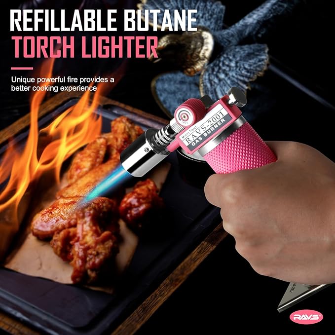 RAVS Refillable Butane Torch Lighter, Ultra Premium Gifts for Men, Kitchen Torch Lighter for Creme Brulee, Cooking Torch Gun with Adjustment Flame, Blow Torch for Cooking (Pink)
