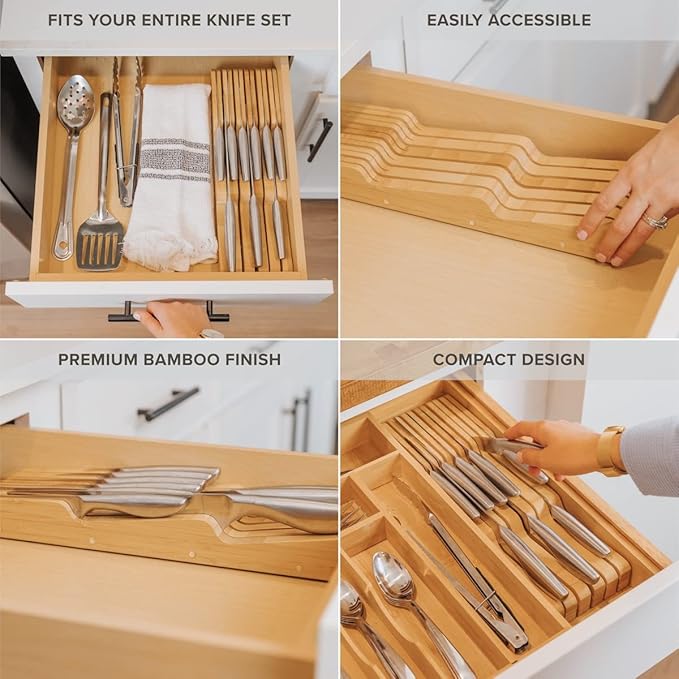 KitchenEdge Bamboo Kitchen Knife Block Holder Organizer - Holds 5 Long + 6 Short Knives (Not Included), Fits Most Knife Sizes, Rubber Feet, Sustainable Bamboo, In-Drawer Design