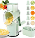 Rotary Cheese Grater with Handle Vegetable Shredder with 5 Interchangeable Blades, Kitchen Food Slicer and Chopper with Strong Suction Base for Fruit Vegetables Nuts with Blade Storage Box (Green)