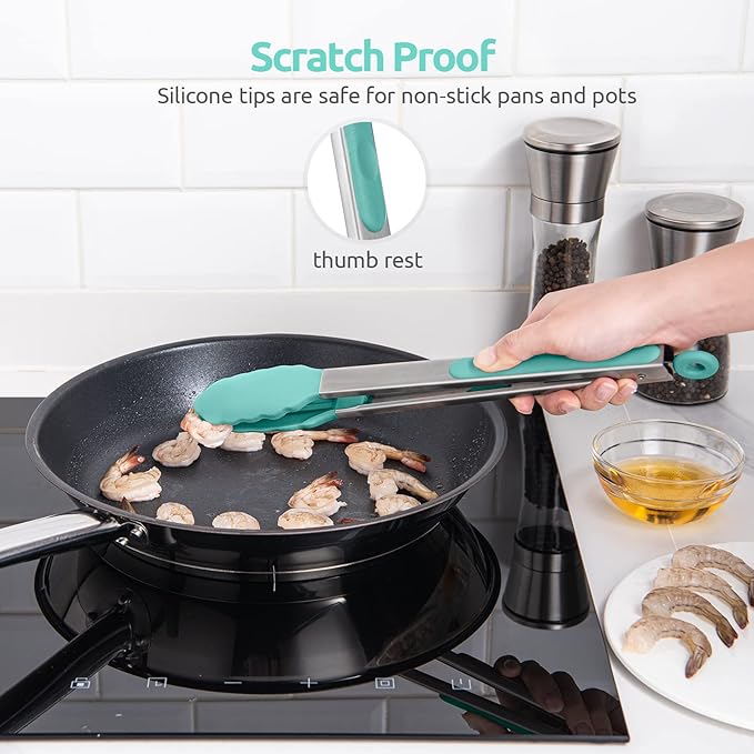 600ºF Heat Resistant Kitchen Tongs: U-Taste 12 in Large Silicone Cooking Tong with Sturdy Non Stick Rubber Tips & Silicon Coated 18/8 Stainless Steel Handle & Smooth Locking for Serving Grill-Aqua Sky