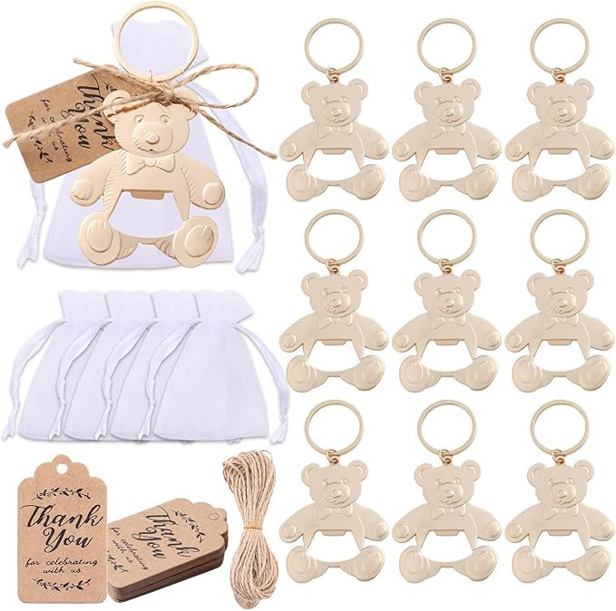 Bottle Openers Baby Shower Return Favors for Guests Cute Bottle Opener Decorations and Souvenirs with Organza Bags Tags for Theme Party Favors (Retro Style,73 pieces) (Teddy bear)
