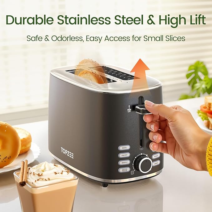 Topzee Toaster 2 Slice, Wide Slot for Toasting Bagel Muffin Waffle Gluten Free Breads, 7 Shade Settings, Defrost & Reheat, Stainless Steel, Easy Clean, Black