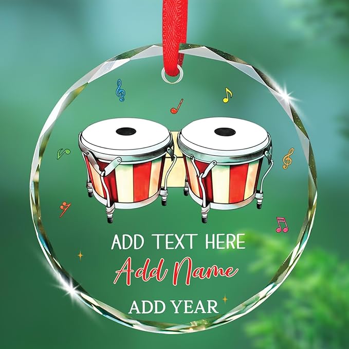 Bongo Drum Player Christmas Ornament Gifts, Personalized Text & Name Musical Instrument Glass Ornament Xmas Tree 2025, Bongo Glass Ornaments Gifts for Drummer Music Lovers, Custom Musician Ornaments