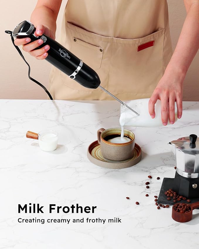 Sangcon Immersion Blender Handheld, 3-in-1 Hand Blender Electric, 400W Handheld Blender, Stainless Steel Blade Stick Mixer with Whisk, Milk Frother Attachments - Black