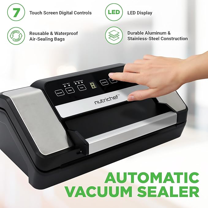 Nutrichef Automatic Food Vacuum Sealer with Double Sealing Function, Electric Air Sealing System for Dry, Liquid & Moist Foods, Reduces Food Waste, Preserve Freshness of Proteins, Fruits, Vegetables