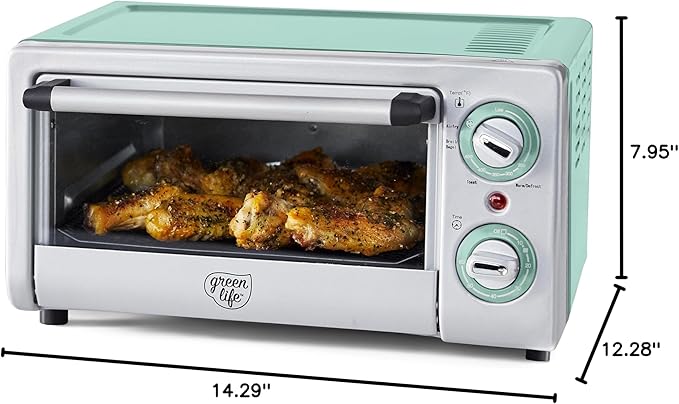 GreenLife Countertop Toaster Oven Air Fryer Stainless Steel, Healthy Ceramic Nonstick, PFAS Free, Tray & Basket, Bake, Broil, Reheat, Adjustable Temp & Time Control, Auto Shutoff, Turquoise