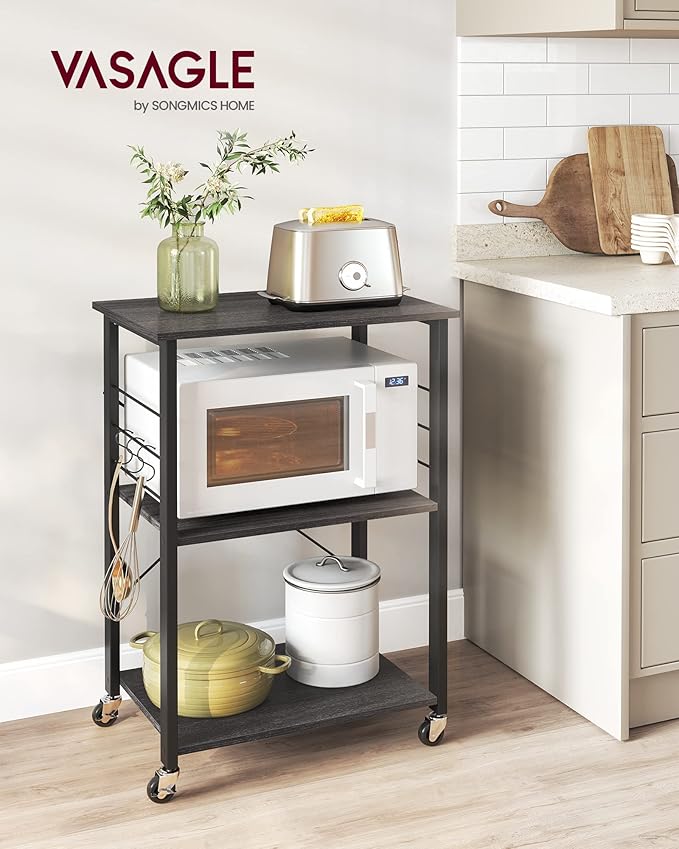 VASAGLE Kitchen Shelf on Wheels, Serving Cart with 3 Shelves, Kitchen Cart, Microwave Shelf, for Mini Oven, Toaster, with 6 Hooks, Industrial Stylee, Ebonized Oak Finish and Black UKKS060B42