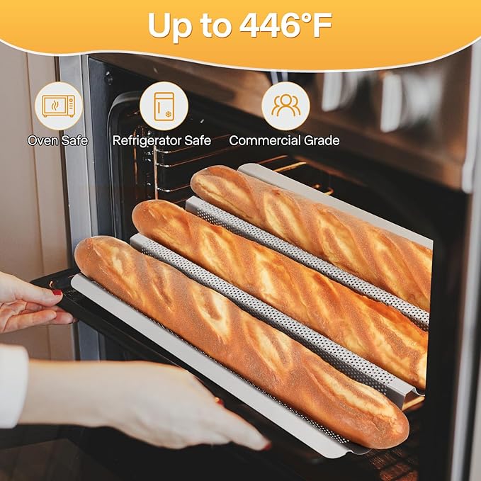 Baguette Pan, Baguette Bread Pan Perforated, Nonstick French Bread Baking Pan 3 Loaves with Proofing Cloth, Dough Cutter Kit for Home Baker, Baguette Tray 15x11 Inch Silver Bread Pan