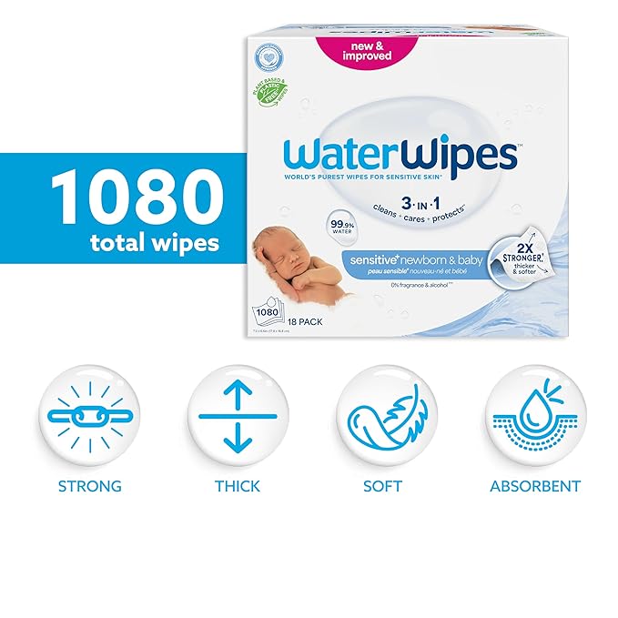 WaterWipes Sensitive+ Newborn & Baby Wipes, 3-In-1 Cleans, Cares, Protects, 99.9% Water, Unscented & Hypoallergenic, 1080 Count (18 Packs)