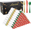 Liacere 100Pack Pre Rolled Silverware and Napkin - Wrapped Plastic Cutlery Set with Napkin:100 Gold Forks,100 Red Knives,100 Green Spoons,100 Napkins for Christmas