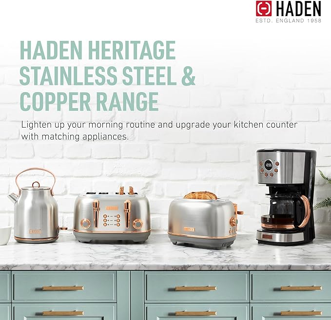 Haden Coffee Machine, 12 Cup Programmable Drip Coffee Maker with Auto Shut-Off Function and Reusable Washable Water Filter, Steel & Copper