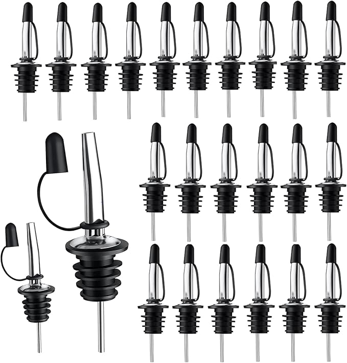 Pafusen 24 Pack Stainless Steel Speed Pourers Spouts with Tapered, Liquor Pourers with Rubber Cap, Hygienic, Dishwasher Safe, Fits most Classic Bottle's Lip up to 3/4"