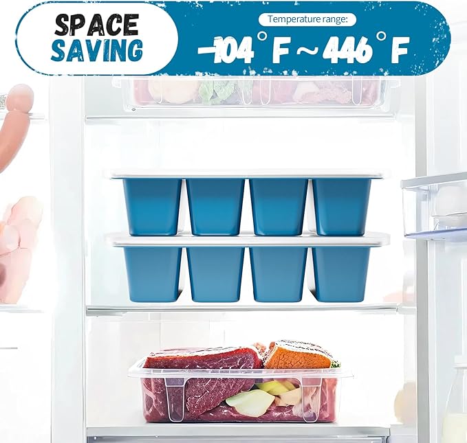 Silicone Freezer Tray With Lid, 8 Large 1 Cup Soup Freezer Molds, Soup Freezer Container for Meal Prepping, Large Ice Cube Tray， Perfect for Storing Leftovers, Sauces, Lasagna, 2-Pack