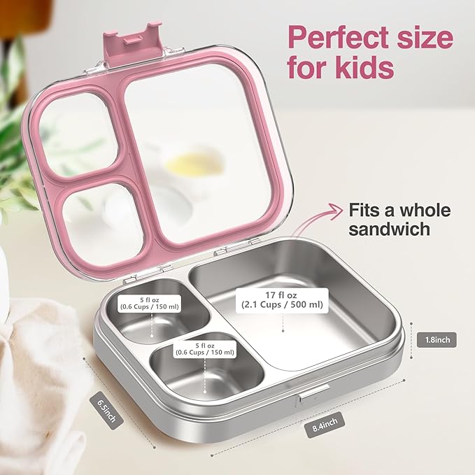 Stainless Steel Lunch Box, 3 Compartments Metal Bento Box for Kids Adults, Leak-Proof Lunch Box for School Office, Dishwasher Safe, BPA-Free, Tritan Lid, Pink