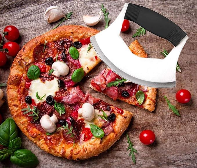 Mezzaluna Salad Chopper,Stainless Steel Mezzaluna Knife Razor Sharp Rocker Slicer with Protection Cover Vegetable Chopper Mincing Cutter for Pizza Cheese Onion Carrot Pepper Garlic