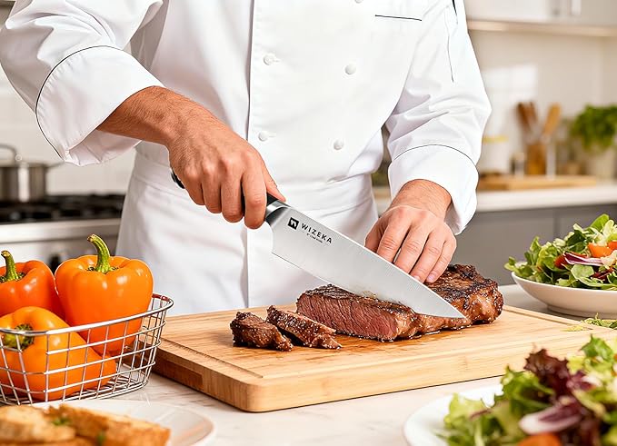 WIZEKA 15-Piece knife set, High Carbon Stainless Steel Kitchen Knife Set, Ultra Sharp Knife Block Set with Sharpener, Black, Crown Series