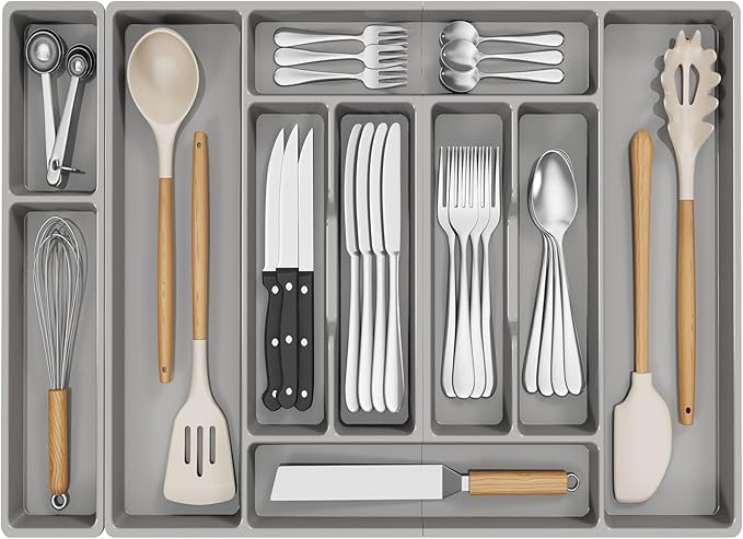 Lifewit Silverware Organizer, Plastic Kitchen Utensil Drawer Tray, Cutlery Flatware Storage Holder for Spoons Forks Knives, 28 x 16 Inches, 10 Compartment, Gray